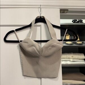 Aritzia Beige Ribbed Halter Bustier Crop Top